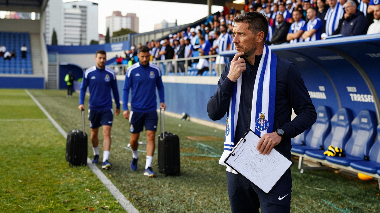 Treinador de futebol do FC Porto com prancheta e cachecol junto ao banco, jogadores e adeptos ao fundo.