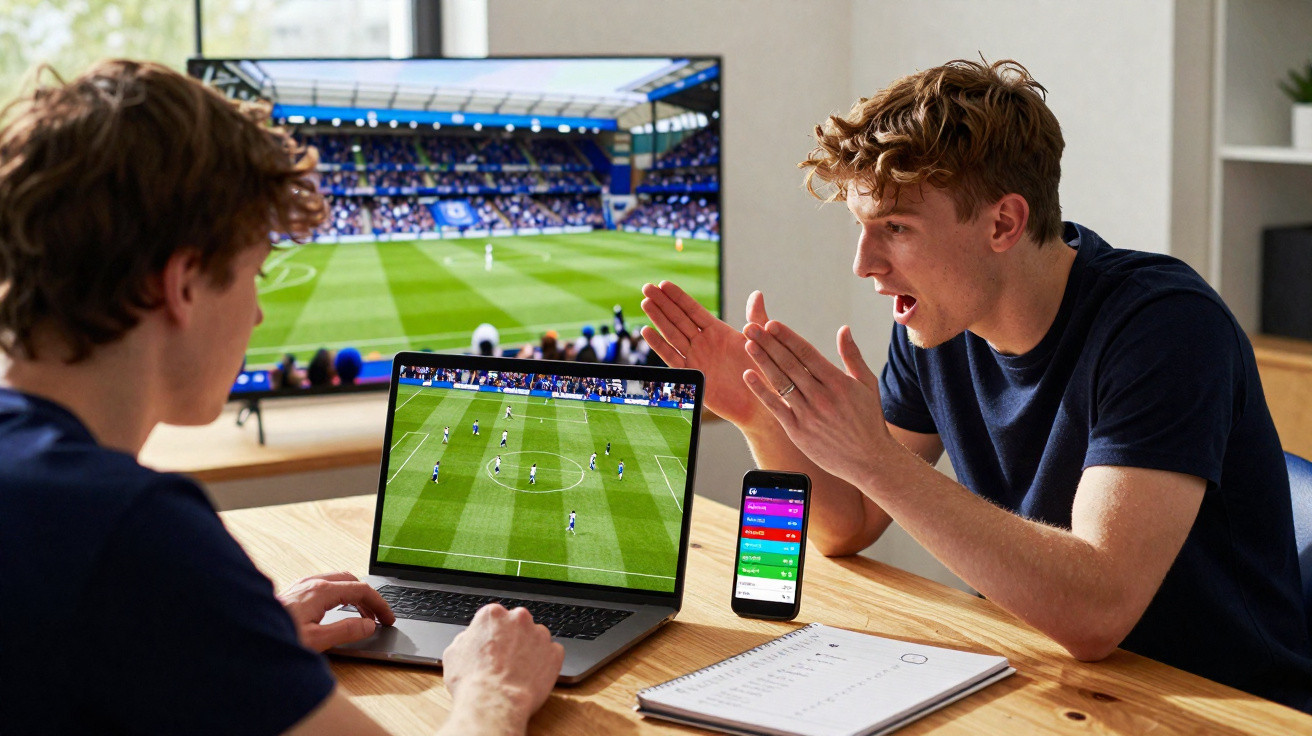 Dois jovens assistem a um jogo de futebol no portátil e na televisão, com informações no telemóvel sobre a mesa.