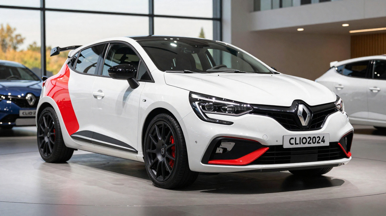 Renault Clio 2024 branco com detalhes vermelhos, rodas pretas desportivas, exposto em salão automóvel.