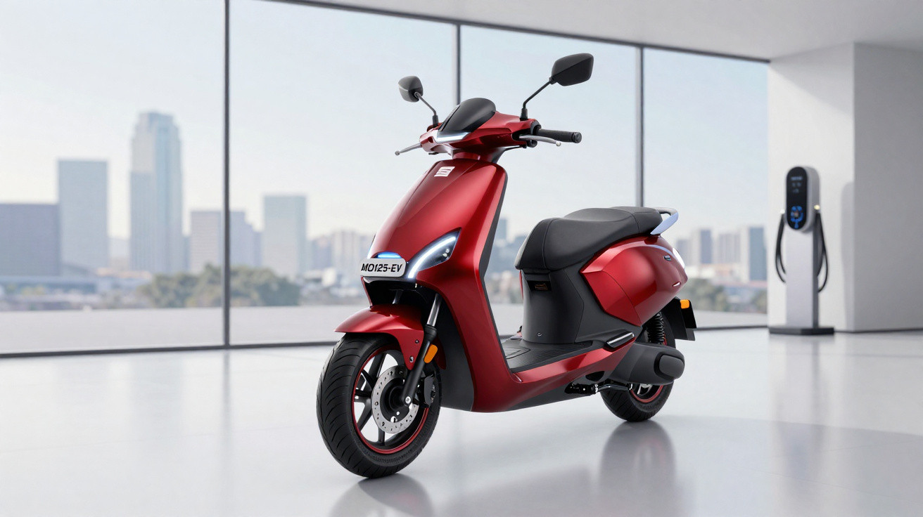 Scooter elétrica vermelha estacionada num espaço moderno com vista para a cidade e posto de carregamento.