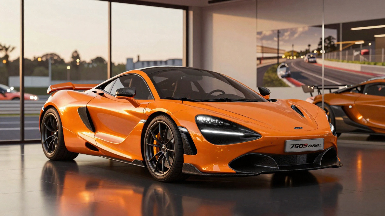 Carro desportivo laranja McLaren 750S com faróis LED em exposição interior com vidro e reflexos no chão.