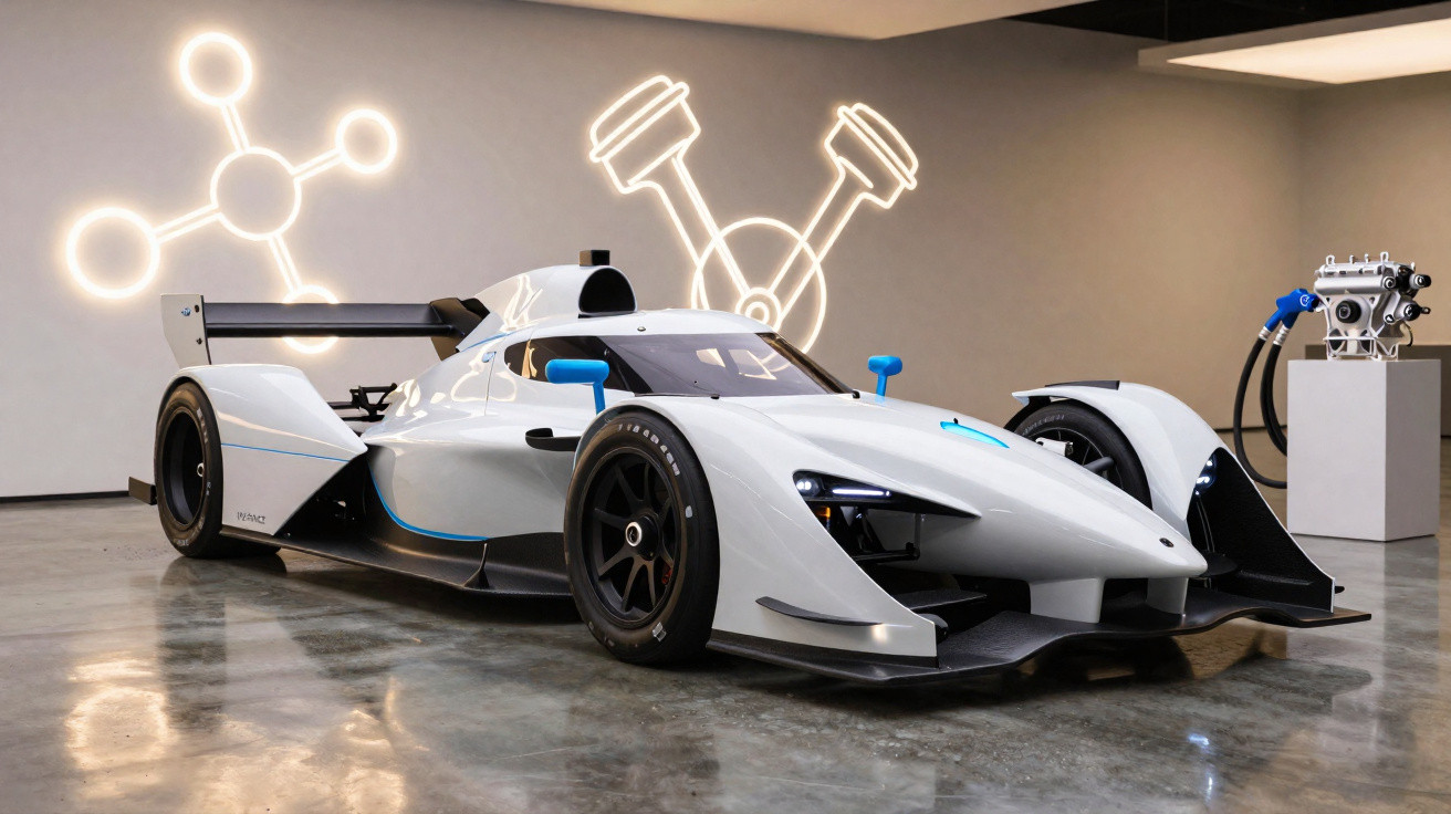 Carro de corrida futurista branco exposto em interior com luzes decorativas na parede e motor ao fundo.