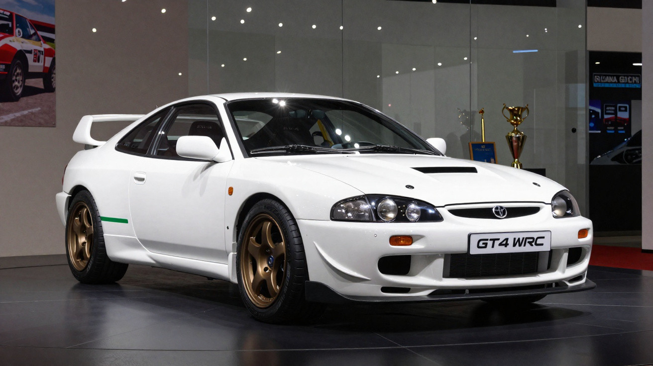 Carro de corrida branco Toyota GT4 WRC exposto em salão automóvel, com jantes douradas e troféus ao fundo.