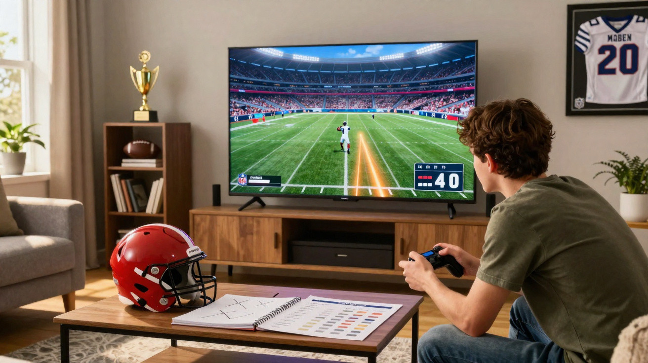 Jovem sentado a jogar videojogo de futebol americano na televisão numa sala de estar moderna.
