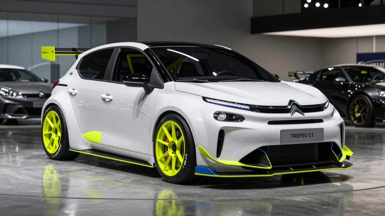 Carro Citroën Trofeu C1 branco com detalhes amarelo néon e equipado para corridas, em exposição interior.