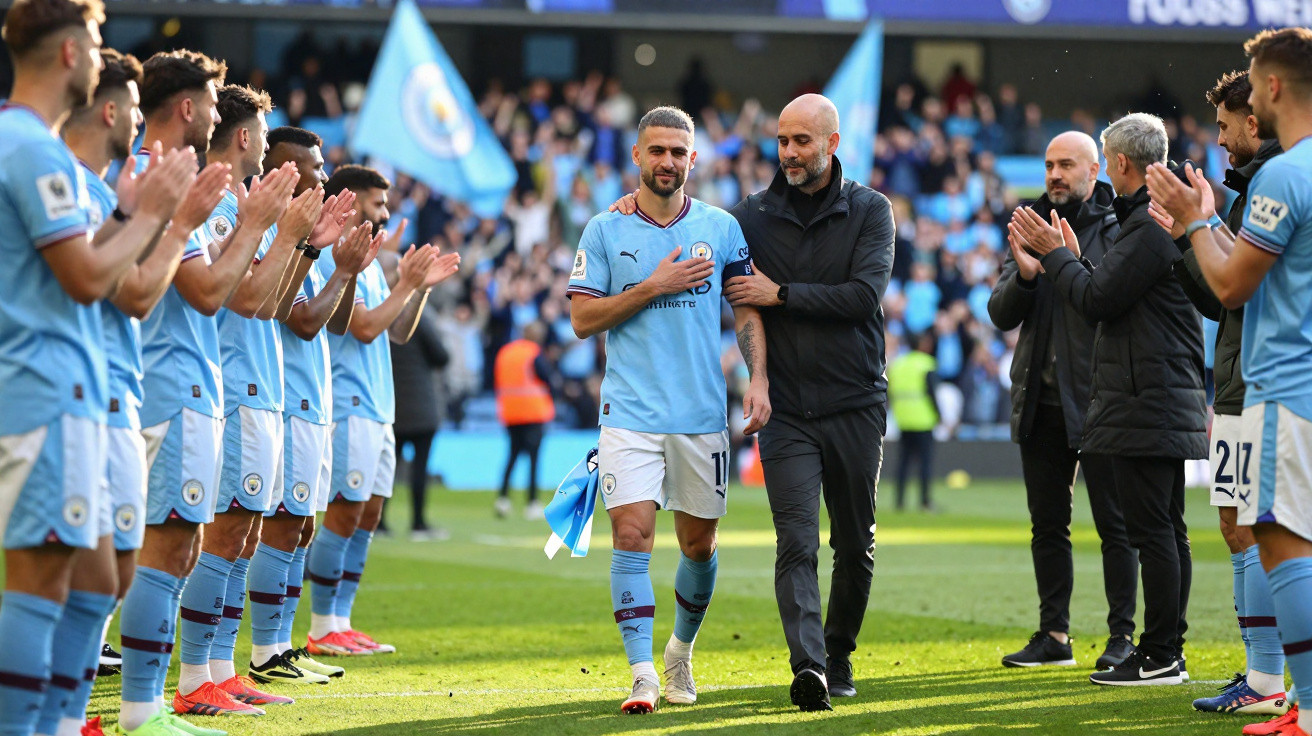 Jogadores do Manchester City a aplaudirem um colega e o treinador Pep Guardiola no relvado do estádio.