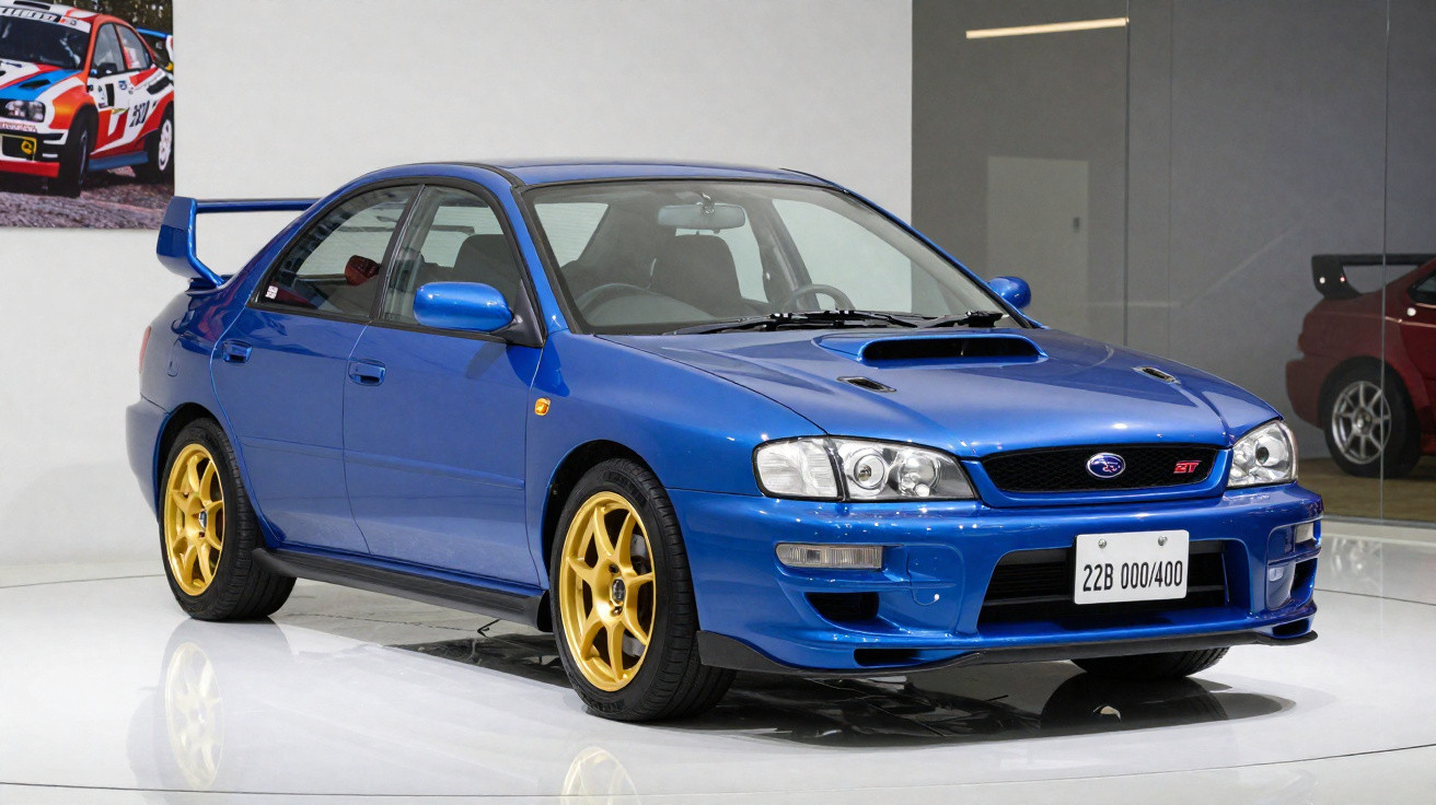Carro Subaru Impreza WRX STi azul com jantes douradas em exposição, interior cinza.