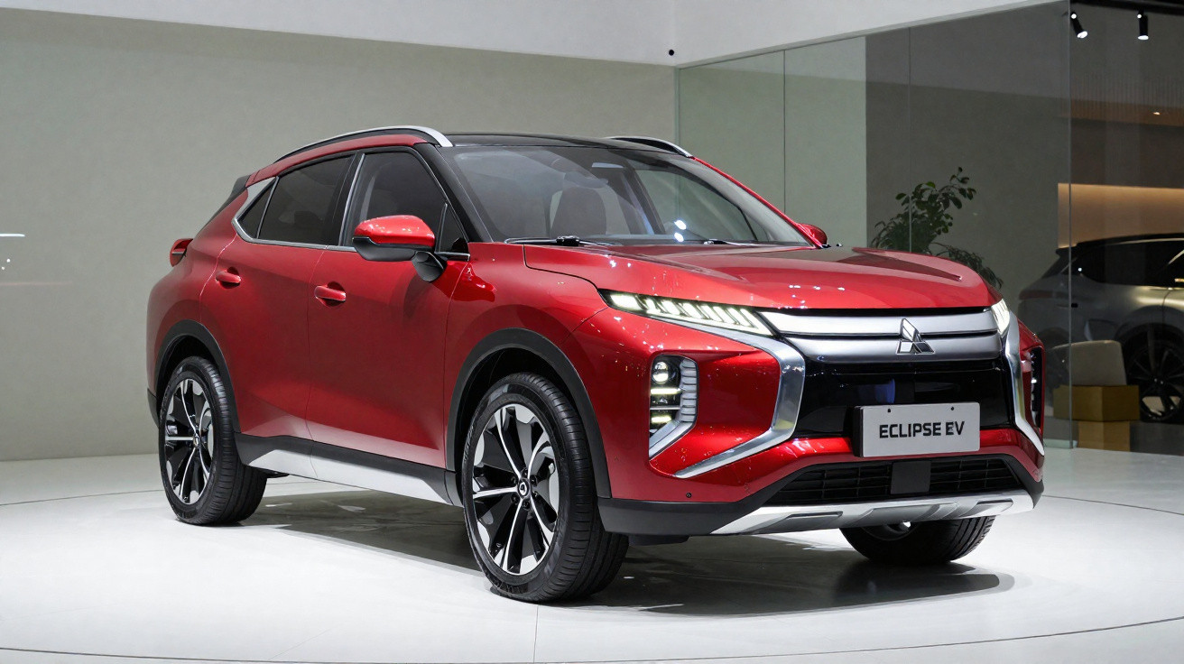 SUV elétrico Mitsubishi Eclipse EV vermelho exibido em interior moderno e iluminado.