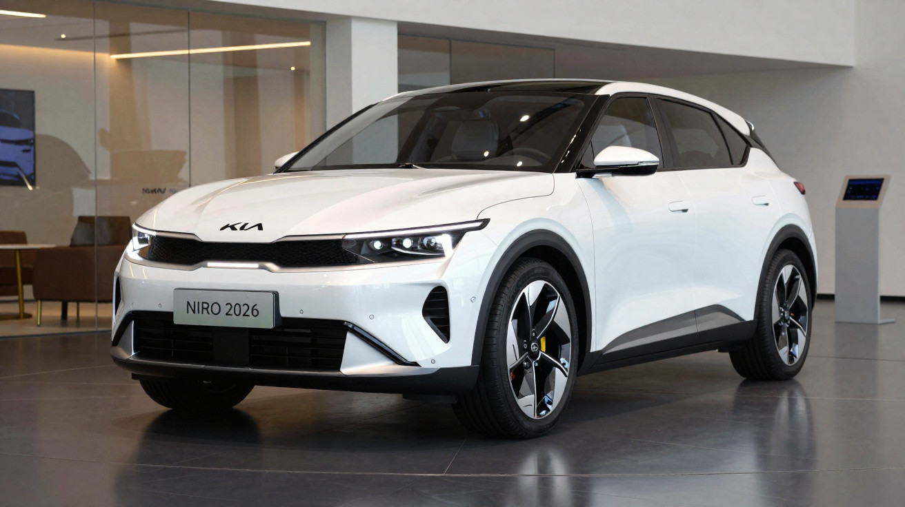 Carro elétrico branco Kia Niro 2026 estacionado em showroom moderno e iluminado.