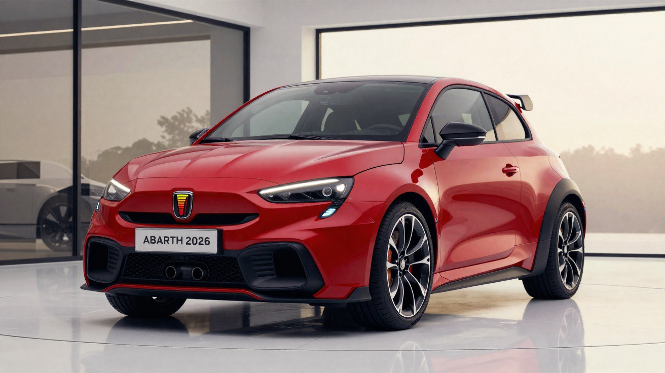 Carro desportivo Abarth vermelho modelo 2026 estacionado em interior moderno com grandes janelas.