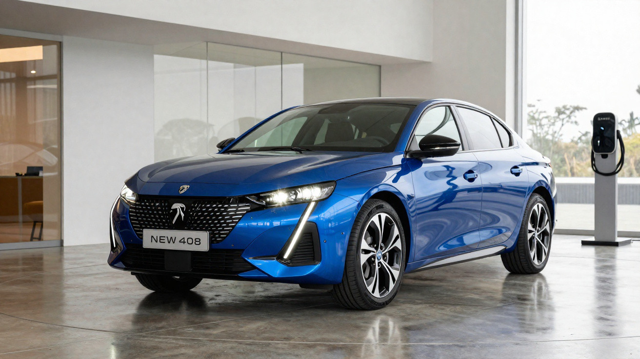 Automóvel elétrico Peugeot 408 azul estacionado em interior moderno junto a estação de carregamento.