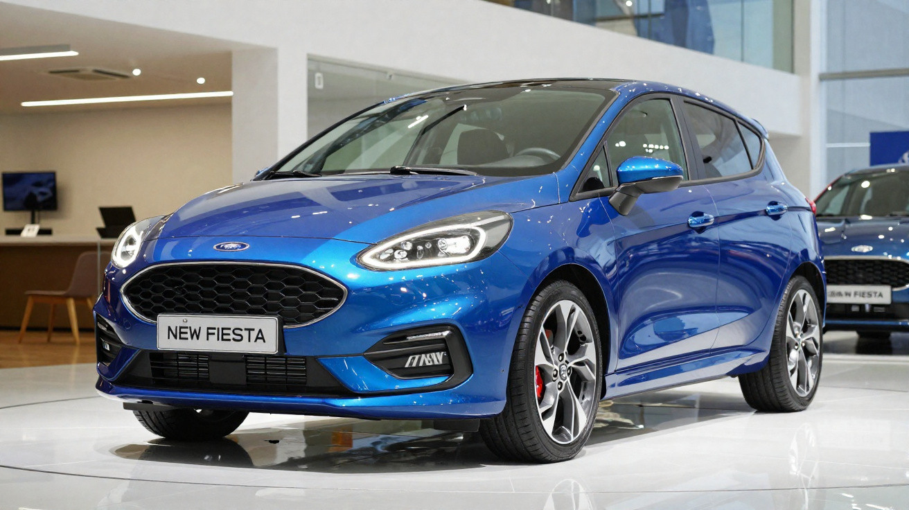 Carro azul Ford New Fiesta exibido em showroom moderno com iluminação branca e chão espelhado.