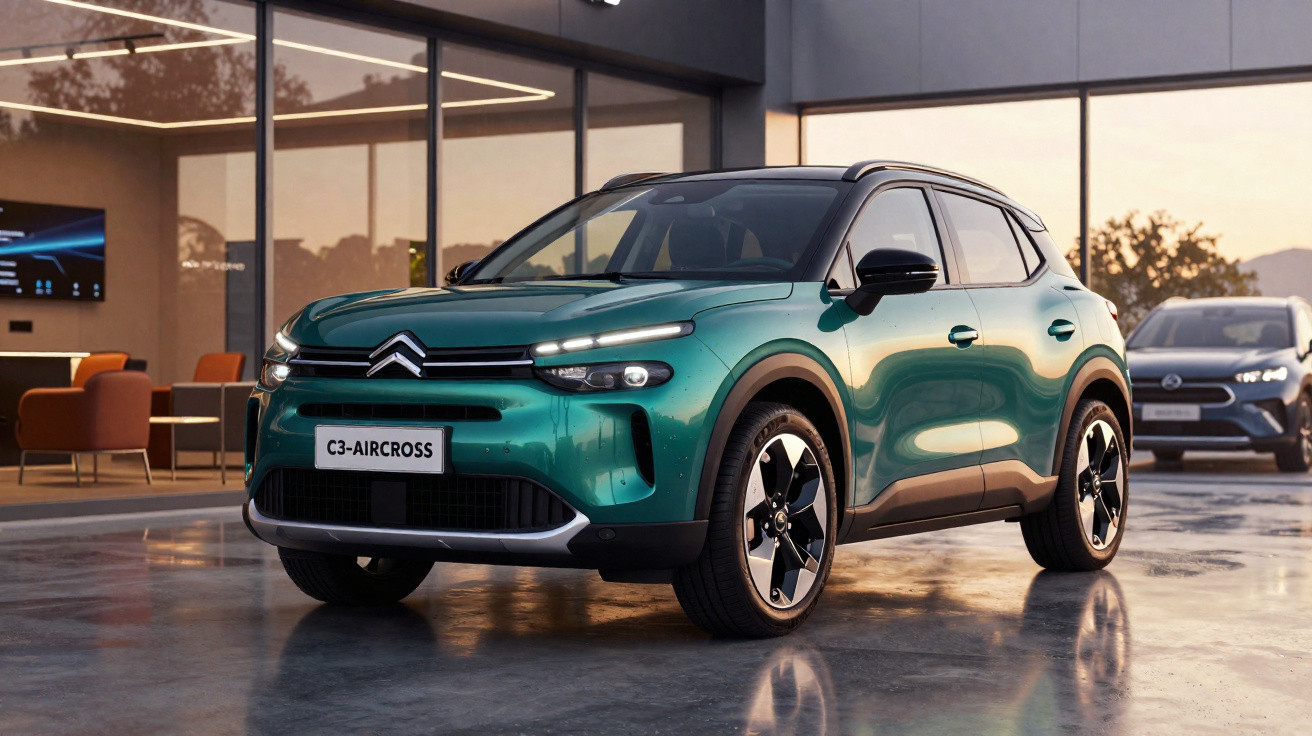 Carro Citroën C3 Aircross verde estacionado em garagem com prédio moderno ao fundo.