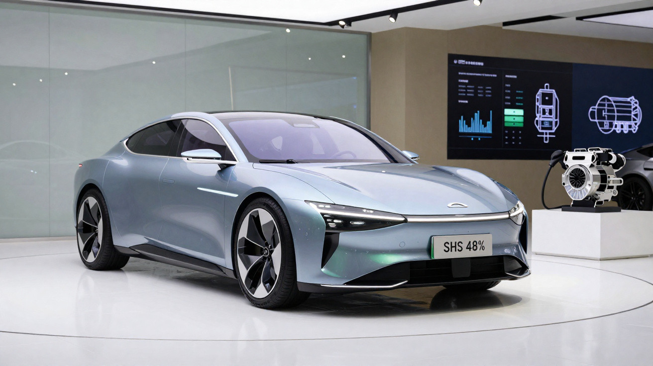 Automóvel elétrico cinza metálico em exposição em showroom moderno com ecrãs digitais ao fundo.