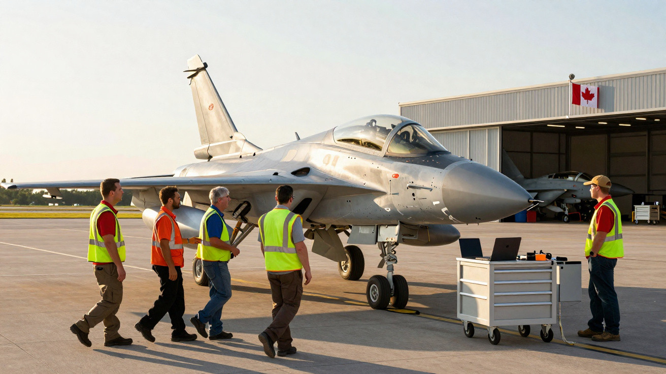 Quatro técnicos com coletes refletores inspecionam um caça cinzento estacionado perto de um hangar com bandeira do Canadá.