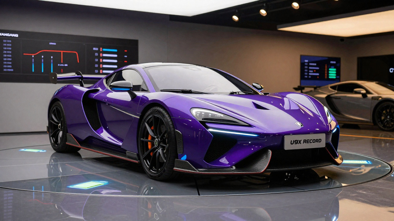 Carro desportivo ultra-rápido cor violeta exposto em salão automóvel moderno com iluminação interior.