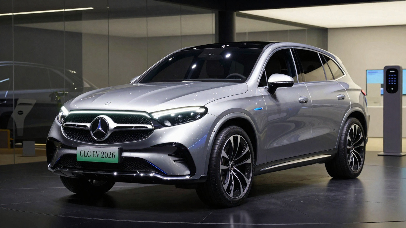 Carro elétrico Mercedes-Benz GLC EV 2026 cinzento exposto em salão moderno com carregador elétrico ao fundo.