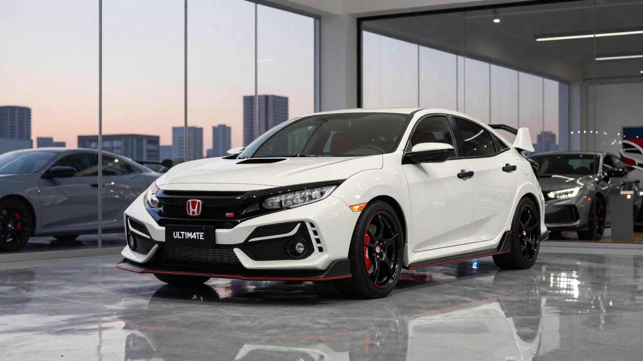 Carro desportivo branco Honda Civic Type R estacionado em showroom com janelas grandes ao fundo.