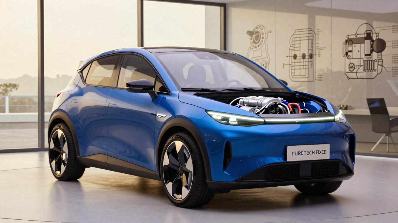 Carro elétrico azul com capô aberto mostrando motor exposto em ambiente moderno e luminoso.
