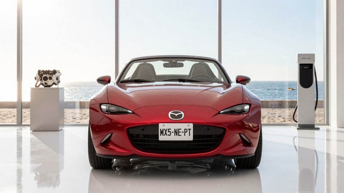 Carro desportivo vermelho Mazda MX-5 num showroom com vista para o mar e posto de carregamento elétrico.