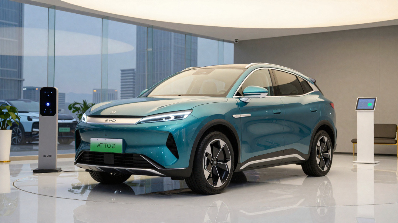 Carro elétrico azul moderno estacionado num espaço interior com grandes janelas e estações de carregamento.