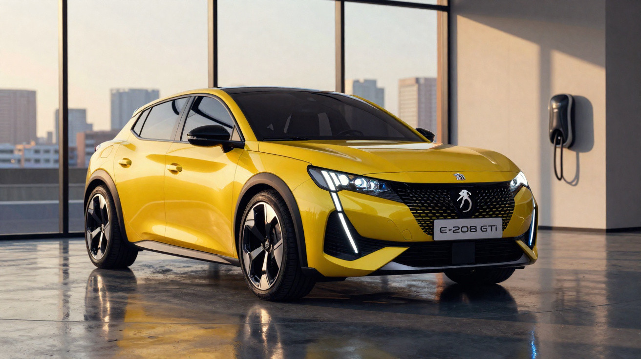 Carro elétrico desportivo amarelo Peugeot E-208 GTi estacionado em garagem com parede de vidro e carregador elétrico.