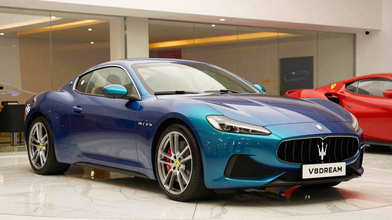 Carro desportivo azul Maserati Ghibli GT S em salão com chão de mármore e outro carro vermelho ao fundo.