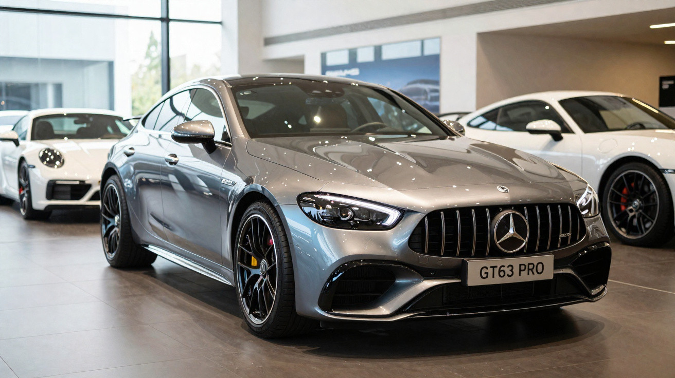 Mercedes-Benz GT63 PRO cinzento no interior de concessionária com dois carros brancos ao fundo.