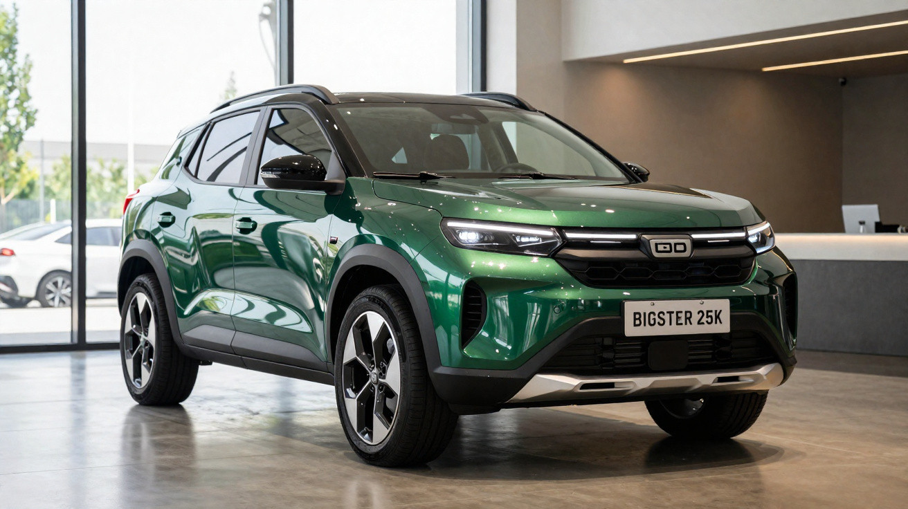 SUV verde QD Bigster 25K estacionado no interior de showroom moderno com janelas grandes.