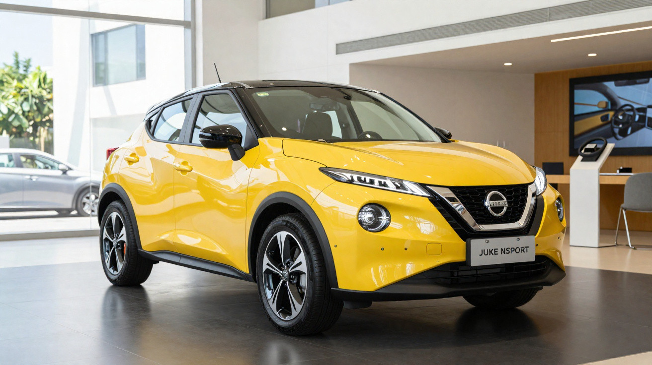 Carro Nissan Juke NSport amarelo exposto numa sala de showroom moderna e iluminada.