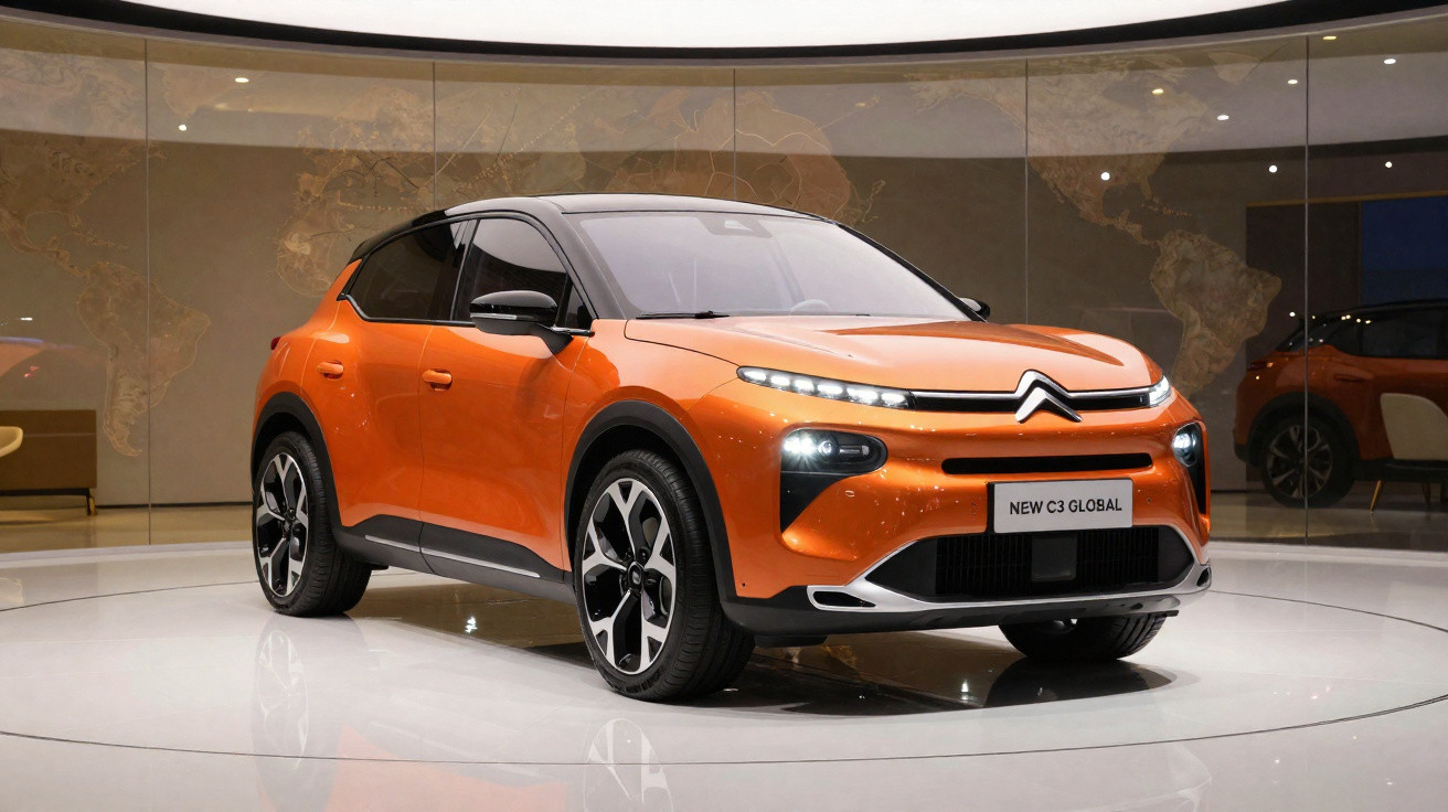 Carro Citroën New C3 Global laranja exposto em stand moderno com iluminação suave.