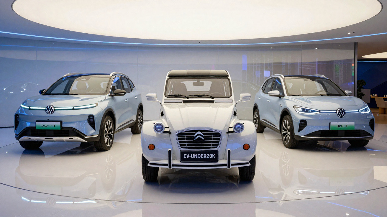 Três carros elétricos brancos expostos em espaço moderno com iluminação suave e piso reflexivo.