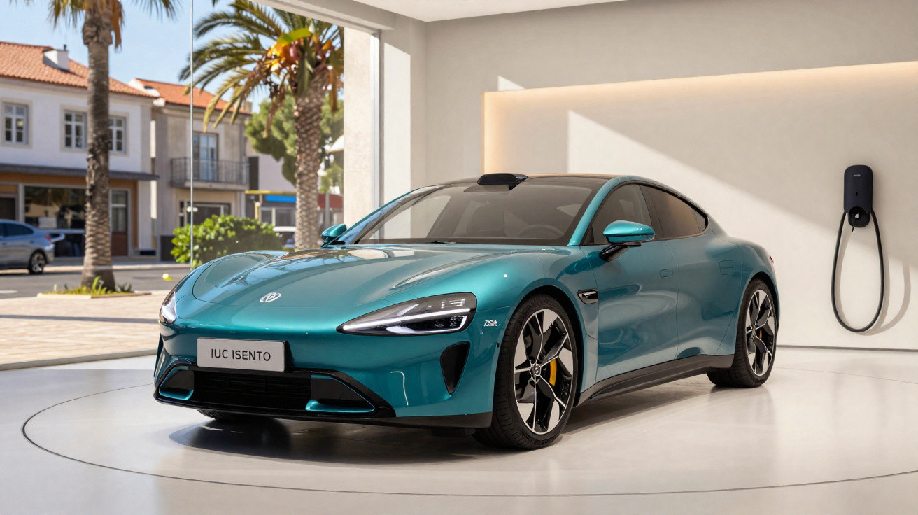 Carro desportivo elétrico azul estacionado dentro de espaço moderno com parede e carregador elétrico.