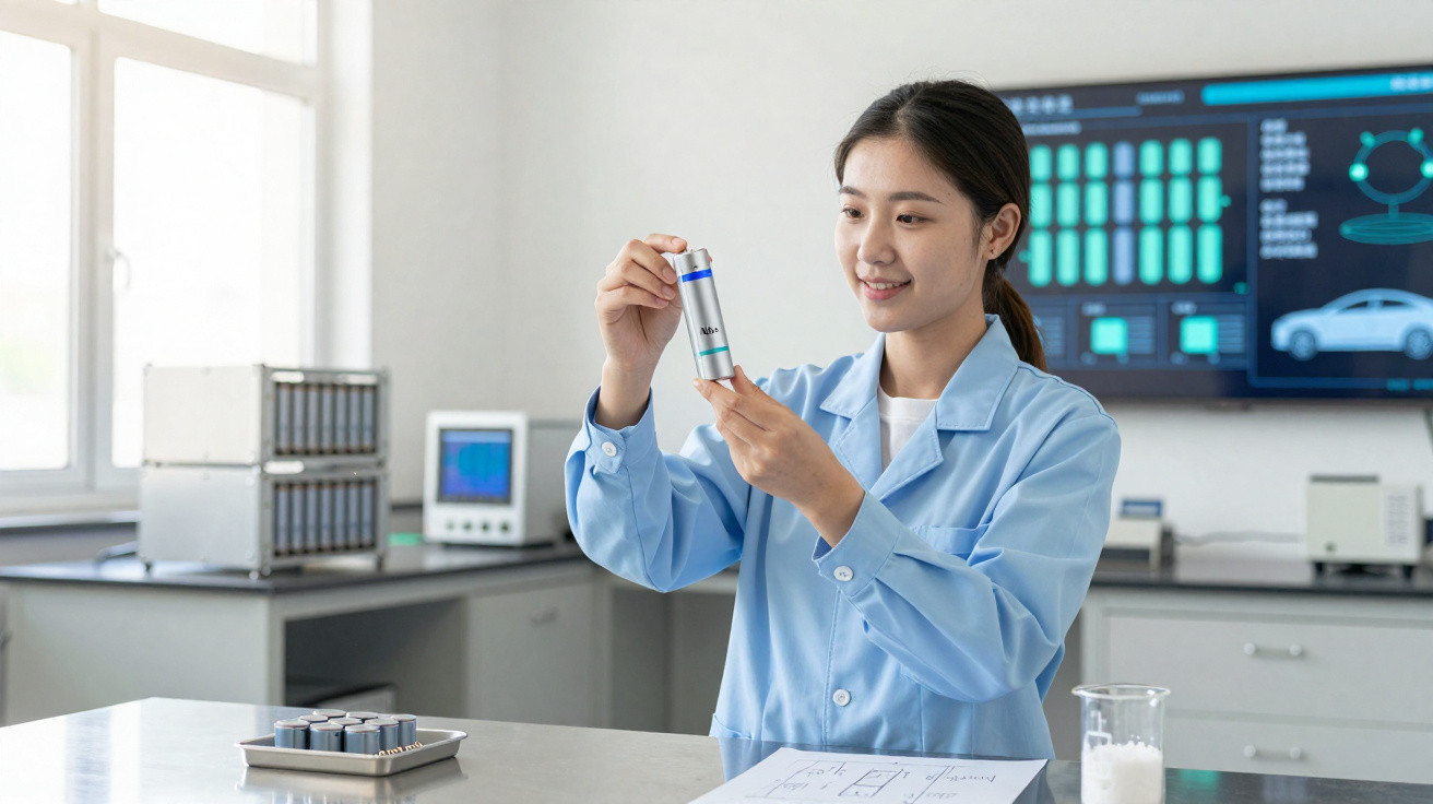 Mulher cientista em laboratório a analisar uma bateria cylindrical com gráficos digitais no ecrã ao fundo.