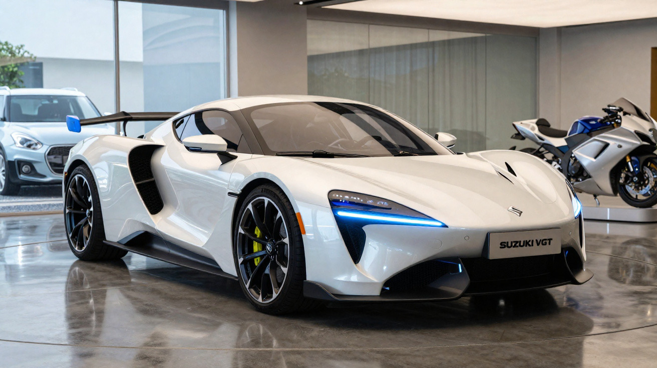 Carro desportivo branco Suzuki VGT com luzes azuis ligado em interior moderno com mota ao fundo.