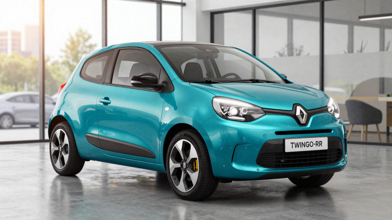 Automóvel citadino Renault Twingo azul metálico estacionado em showroom moderno iluminado.