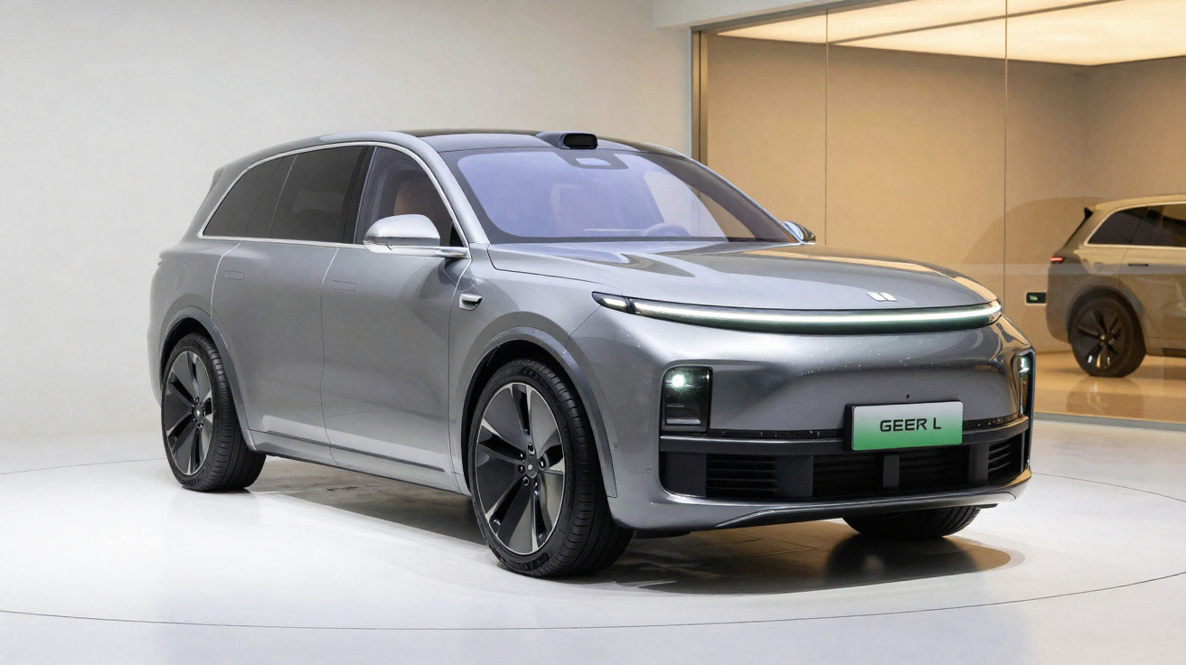Carro elétrico cinzento GEER L estacionado em ambiente interior minimalista com espelhos na parede.