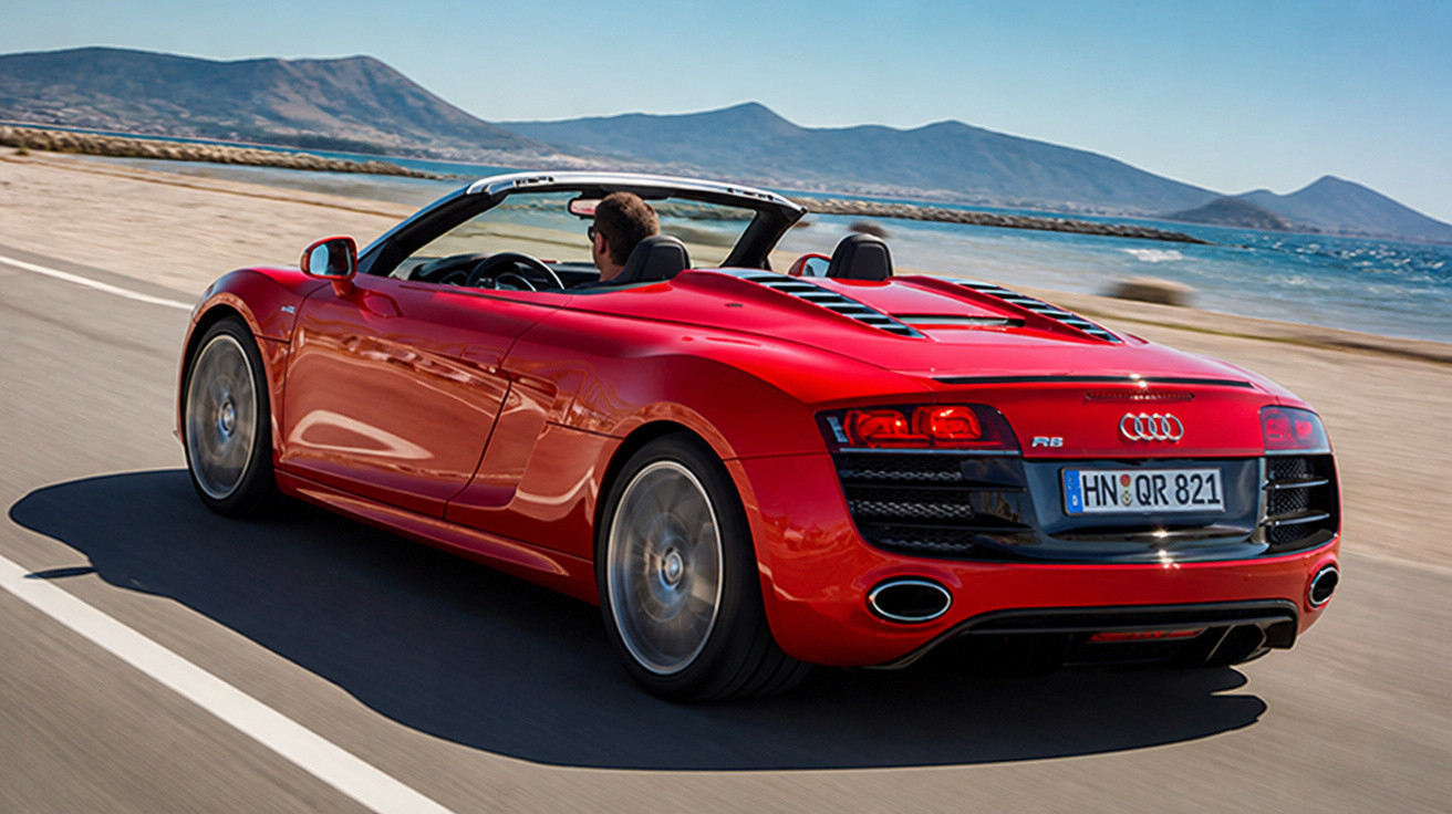Carro desportivo vermelho Audi R8 convertible a circular numa estrada costeira com montanhas ao fundo.
