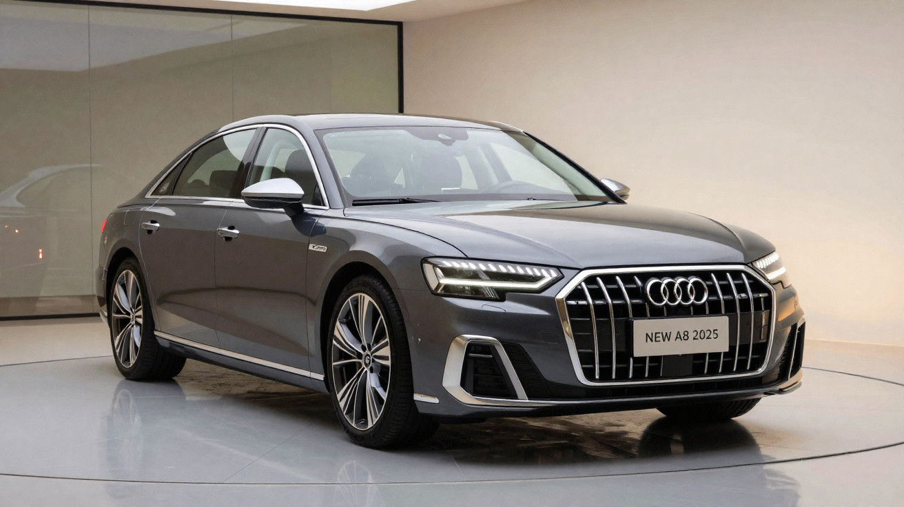 Audi A8 2025 cinza escuro visto de frente, em ambiente interior moderno e minimalista.