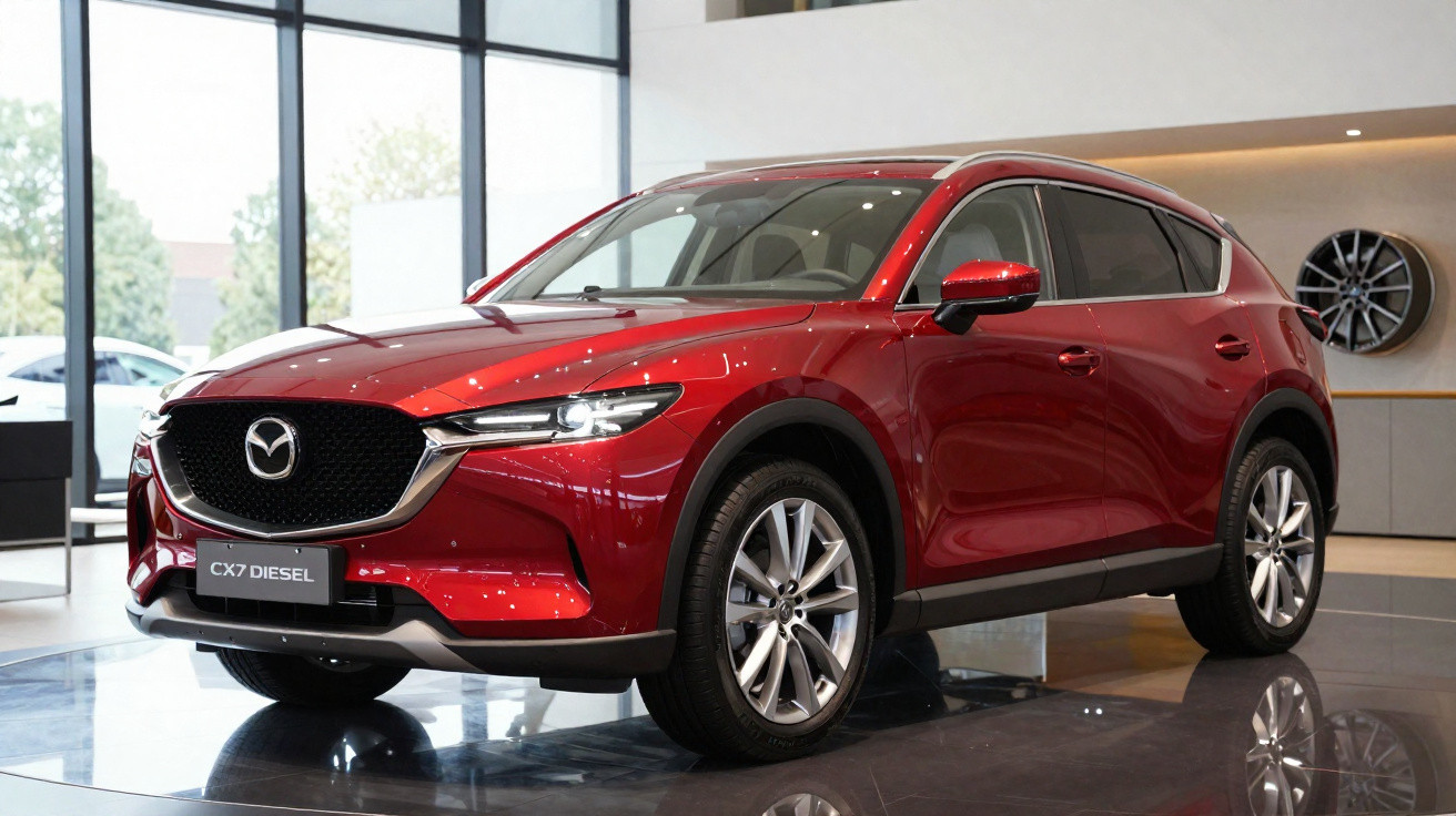 Carro SUV Mazda CX7 Diesel vermelho exposto em showroom moderno com janelas amplas.