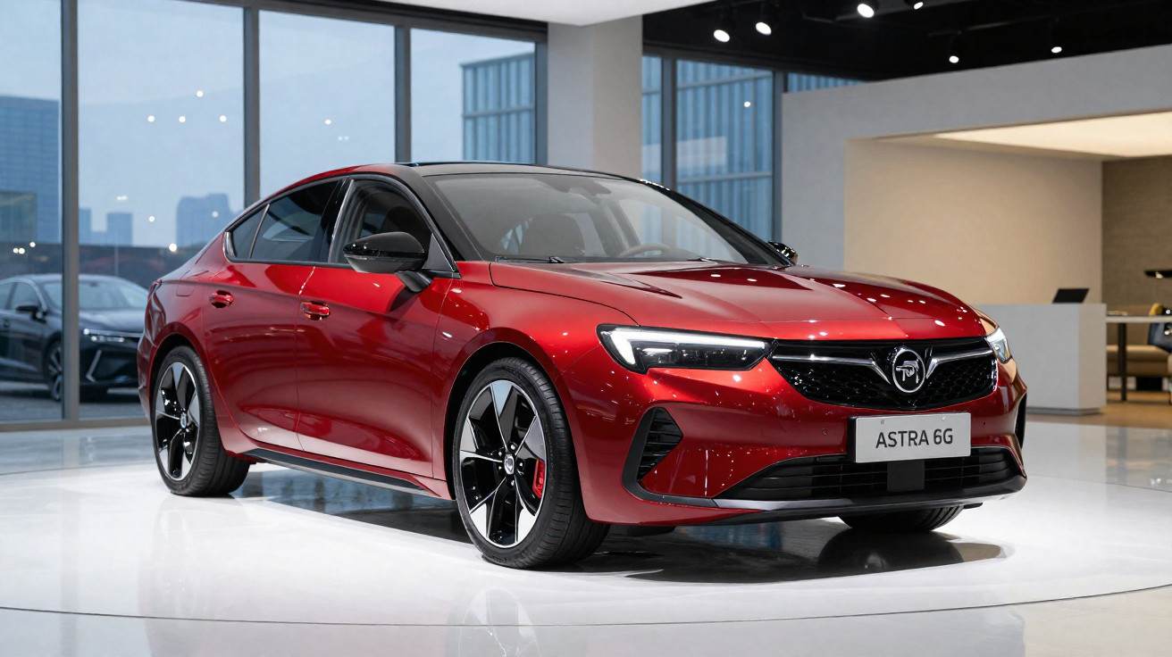 Carro desportivo vermelho Opel Astra 6G exposto num salão moderno com iluminação interior.