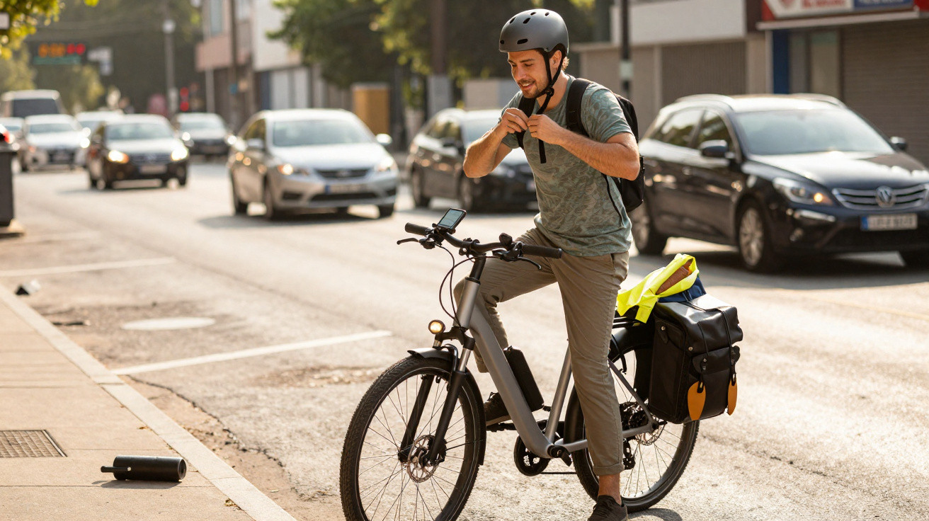 Homem ajusta capacete junto a bicicleta elétrica numa rua com trânsito urbano ao fundo.