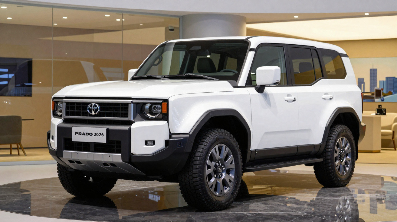 SUV Toyota Prado 2026 branco exibido numa sala de exposições com chão refletor e iluminação interior.