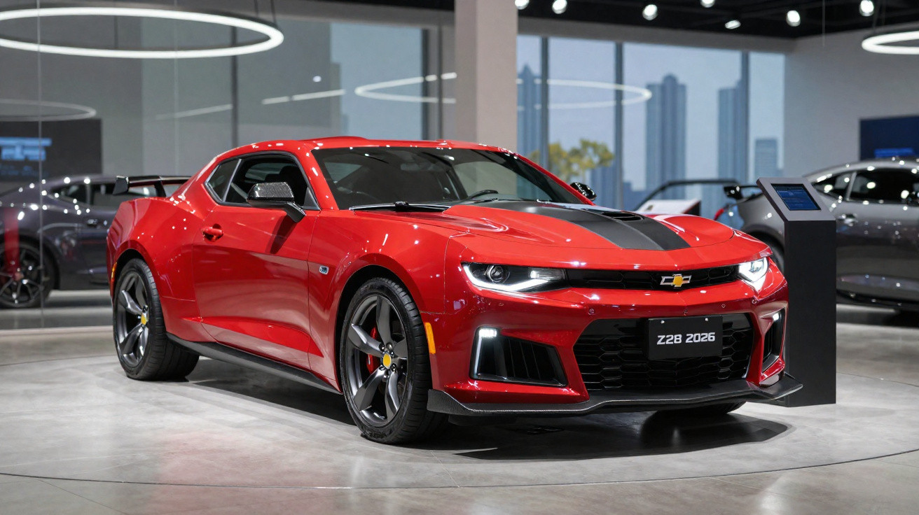 Carro desportivo Chevrolet Camaro vermelho com faixas pretas em exposição numa sala moderna.