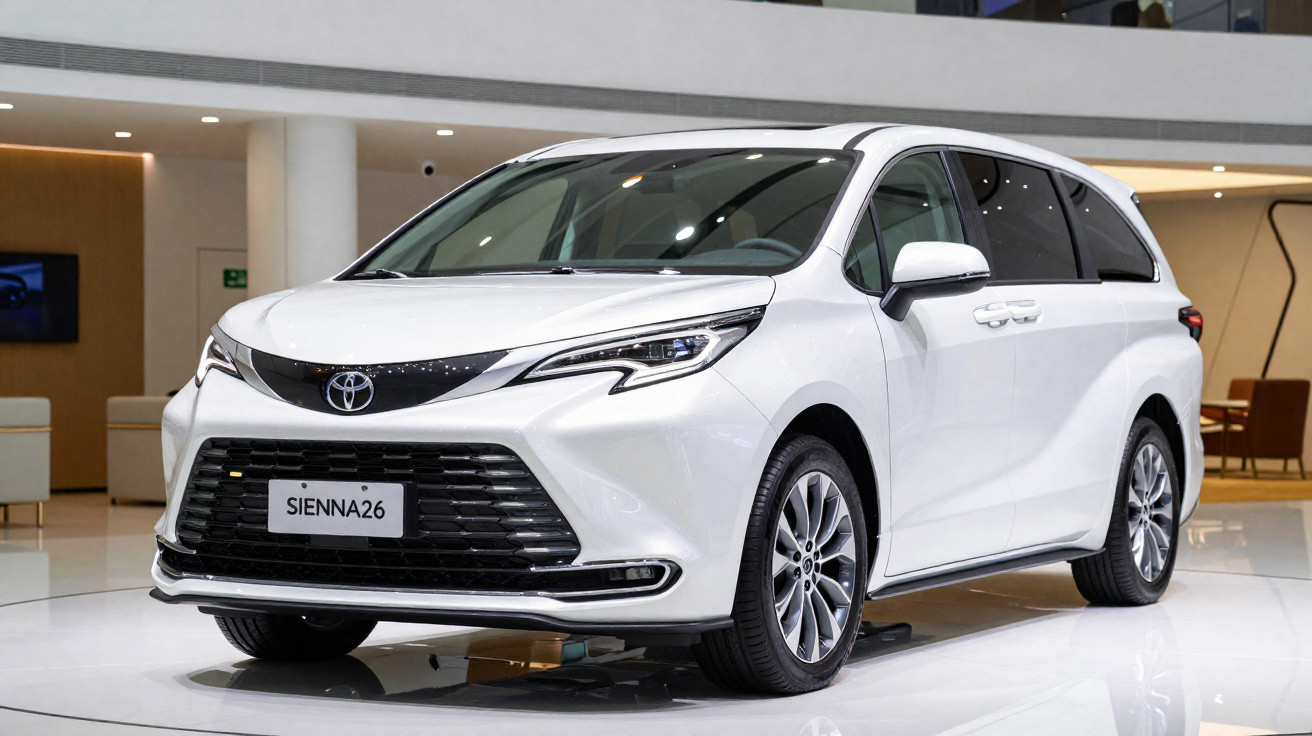 Carro familiar branco Toyota Sienna26 apresentado em salão automóvel moderno.