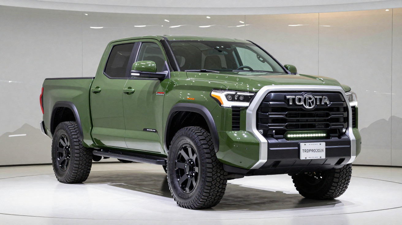 Pick-up verde militar com suspensão elevada exibida em salão automóvel moderno.