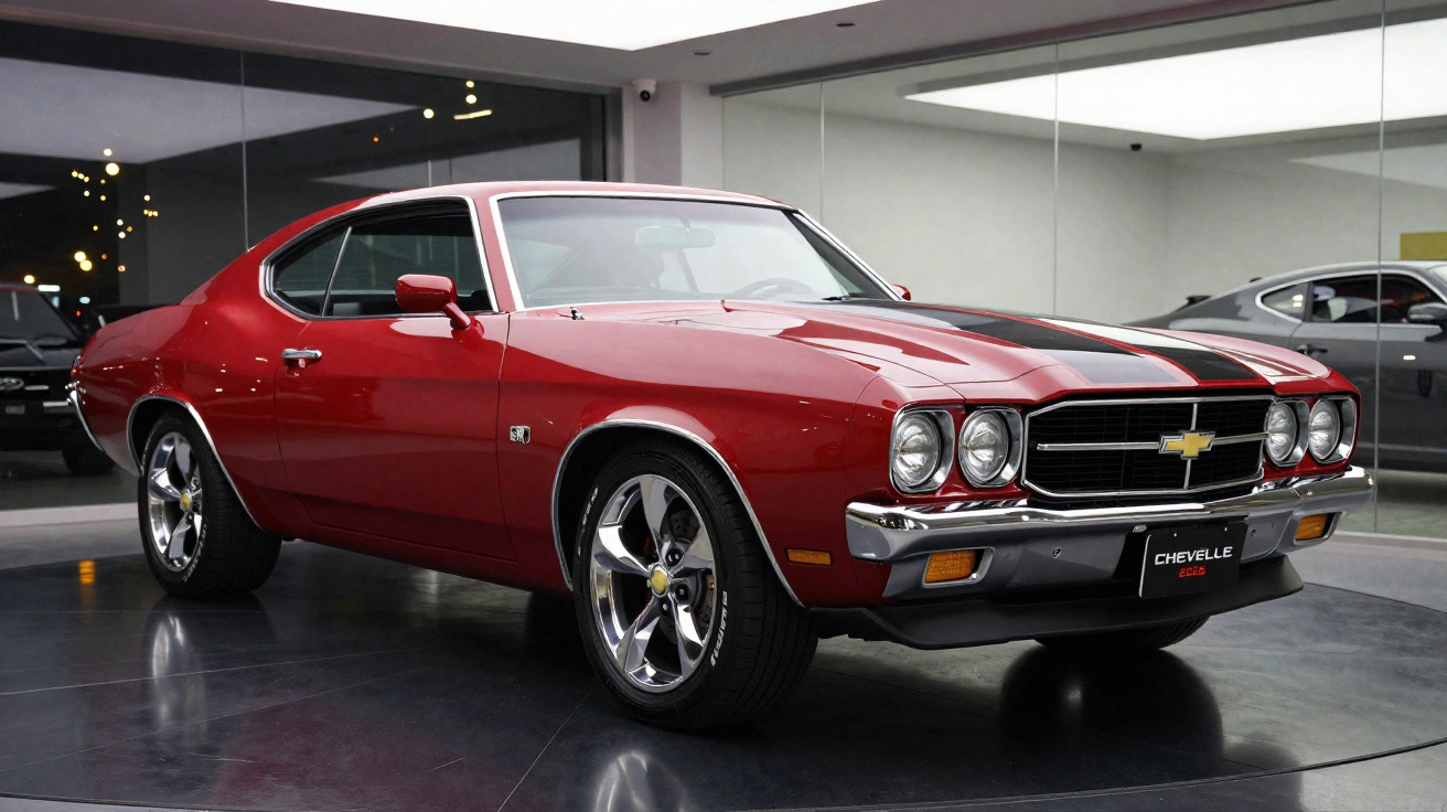 Carro clássico Chevrolet Chevelle SS vermelho com faixas negras, refletido em espelhos numa sala moderna.
