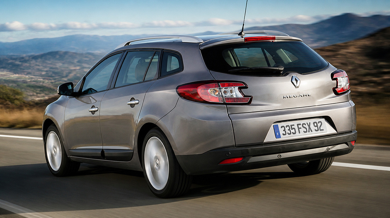 Renault Mégane carrinha cinzenta em estrada com montanhas ao fundo.