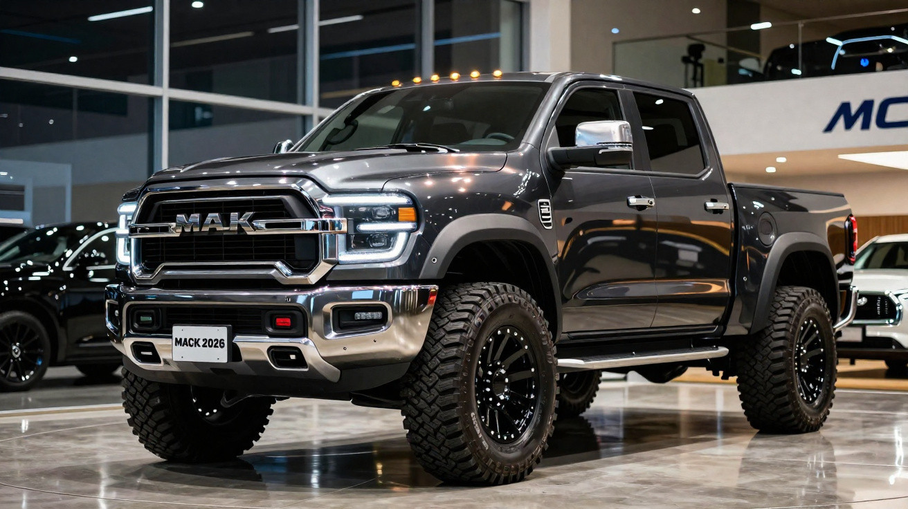 Picape preta Mak 2026 exibida em showroom com pneus grandes e detalhes cromados.