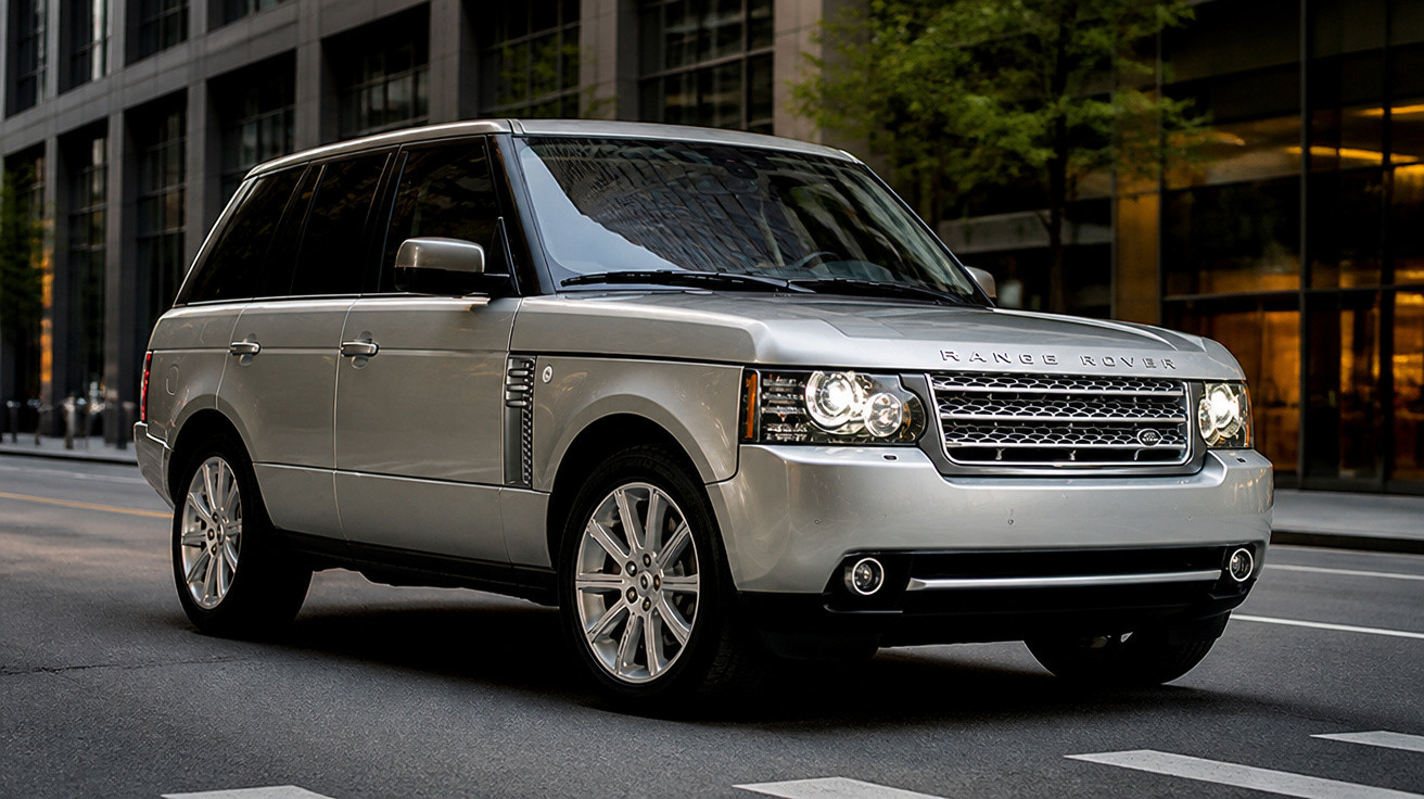 Carro SUV Range Rover prateado estacionado numa rua urbana com edifícios altos ao fundo.